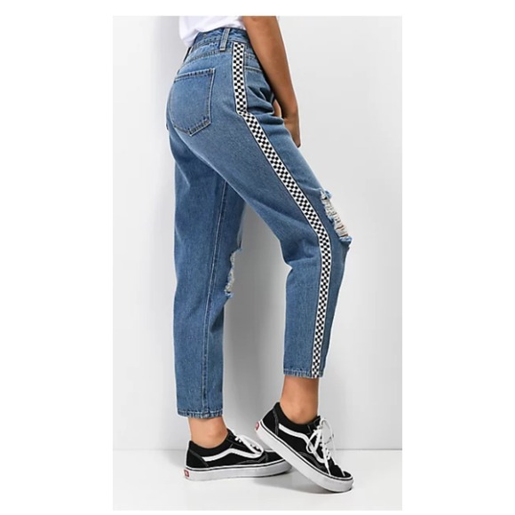 Empyre Eileen Mom Jeans Size 1 Checkerboard Stripe Distressed Denim Blue - Picture 1 of 5